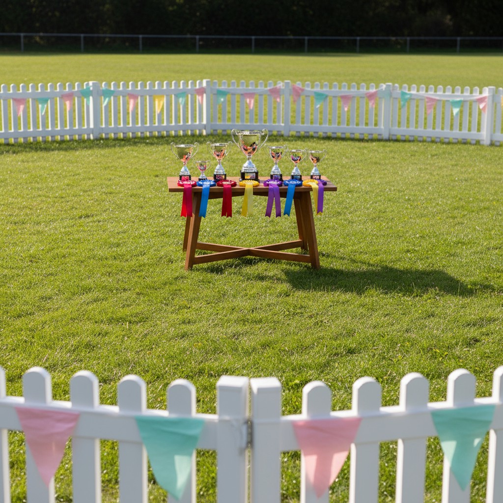 Set of trophies on a table in a field.