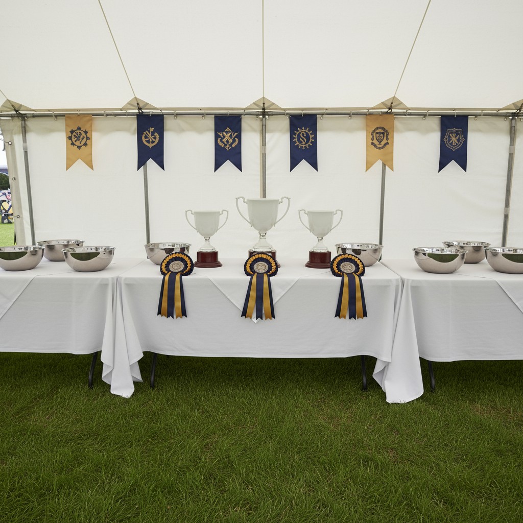 Several silver trophies and silver bowls sit on tables covered in white tablecloths. In the foreground, three white trophi...