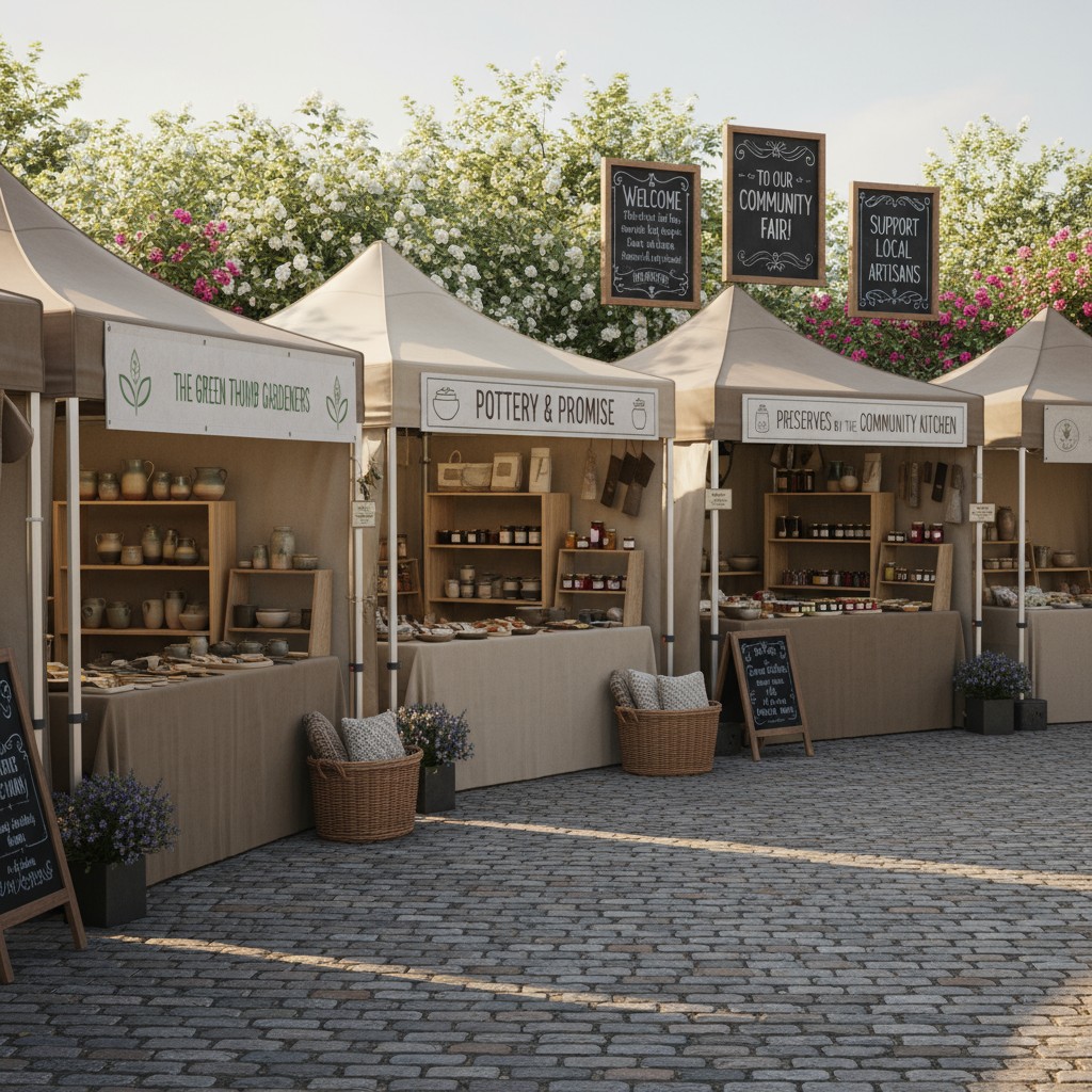 A community fair with stalls selling pottery and preserves, arranged in a neat line on a paved street, with trees with flo...