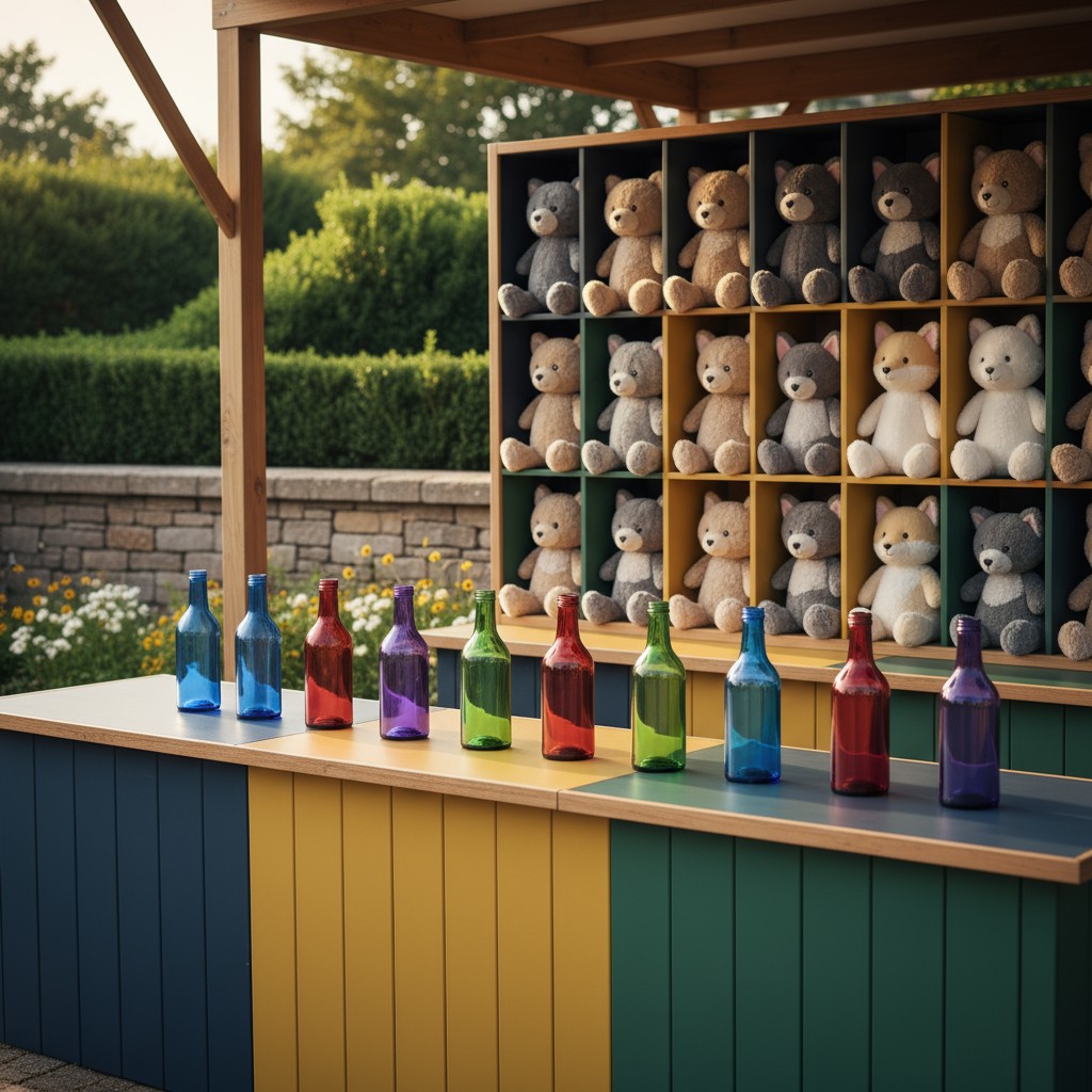 A colorful outdoor toy counter with a variety of stuffed animals on shelves and glass bottles of different colors in the f...