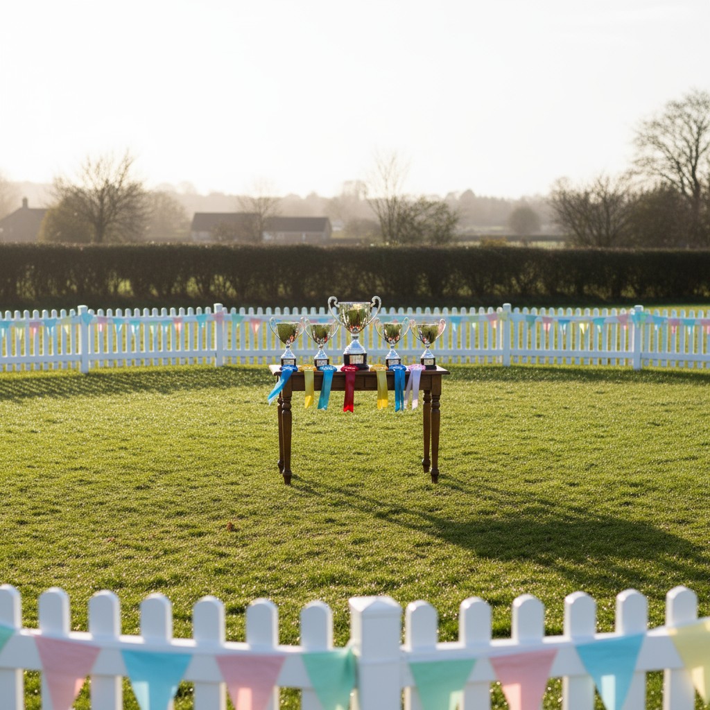 Multiple trophies are displayed on a table in an outdoor setting, encircled by a picket fence adorned with colorful buntin...