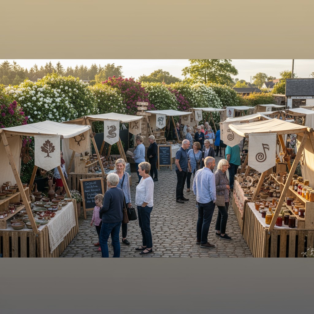 A medieval outdoor market scene with various stalls selling handmade crafts and pottery. A crowd of people milling about, ...