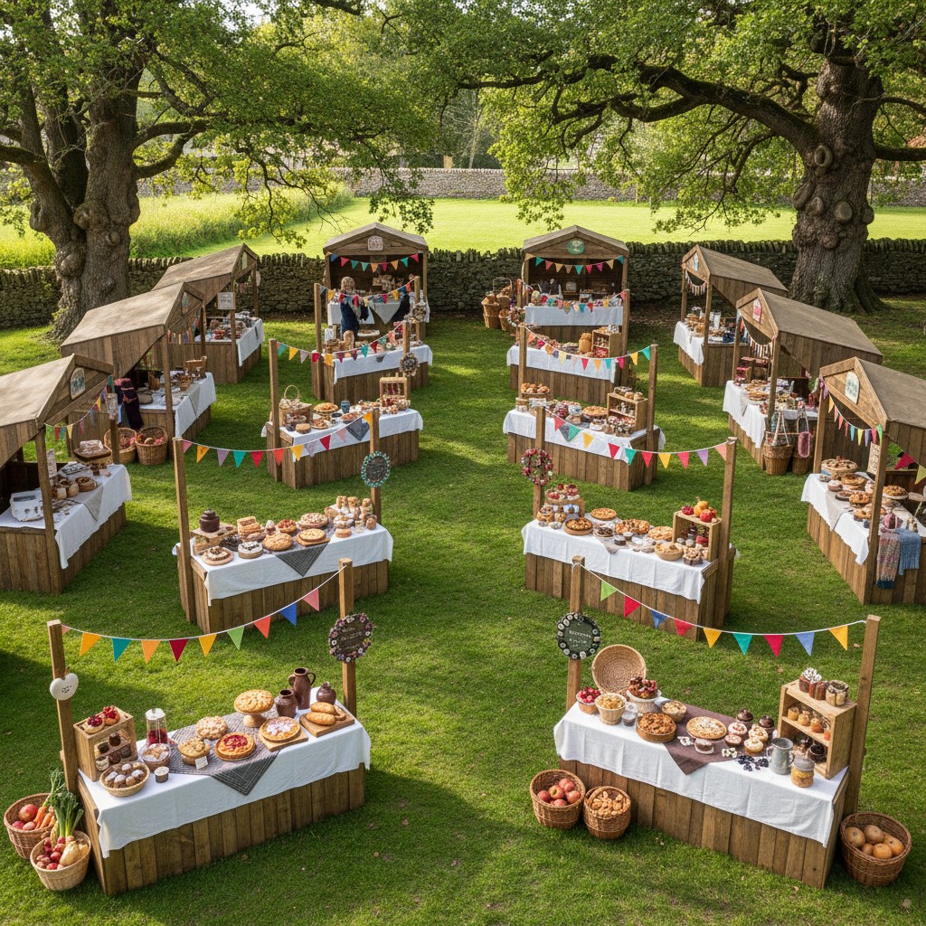 Many small market stalls at an outdoor market, below large trees.