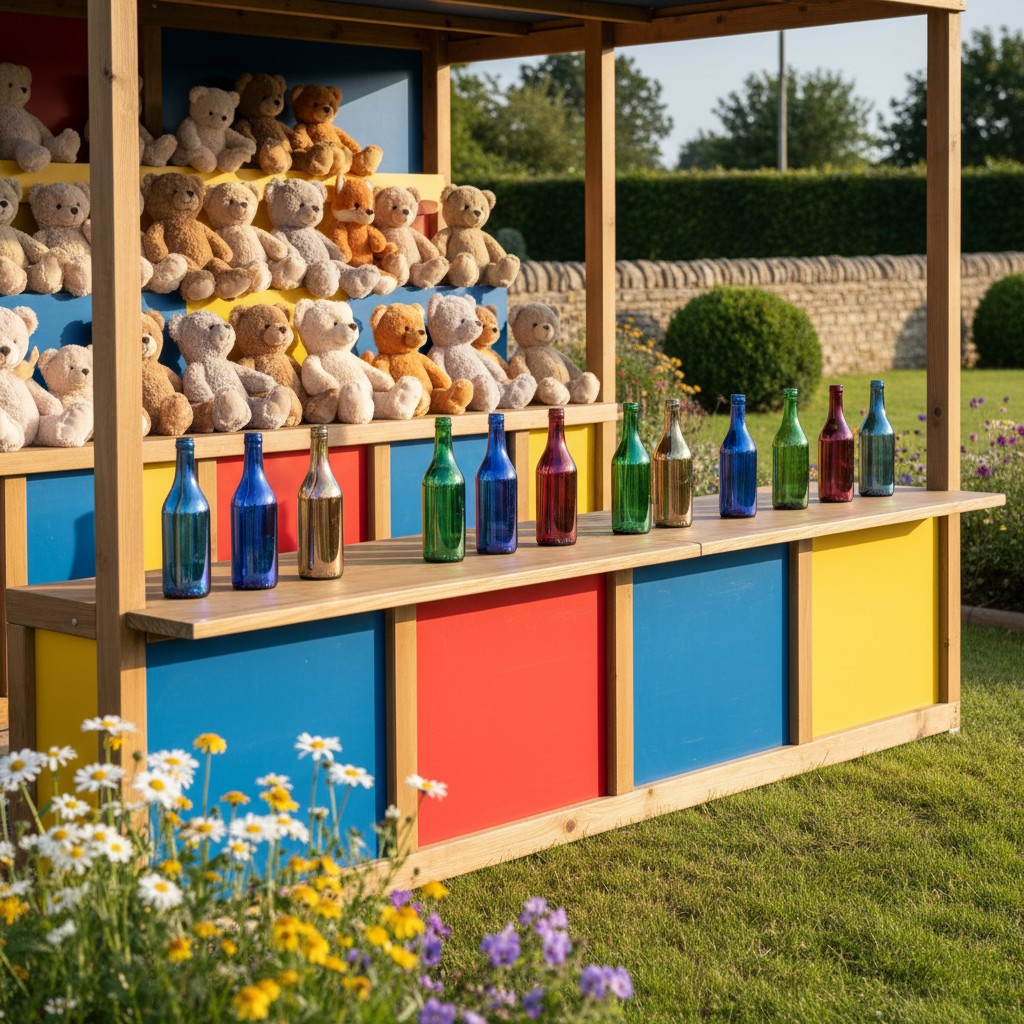 Multiple rows of stuffed bears on shelves to be won by playing games in a carnival-like setting